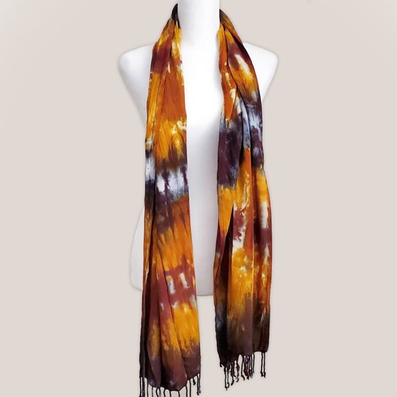 Baltic Amber Tie Dye Scarf Hand Dyed Wrap w/ Fringe in Orange and Black - Picture 2 of 3